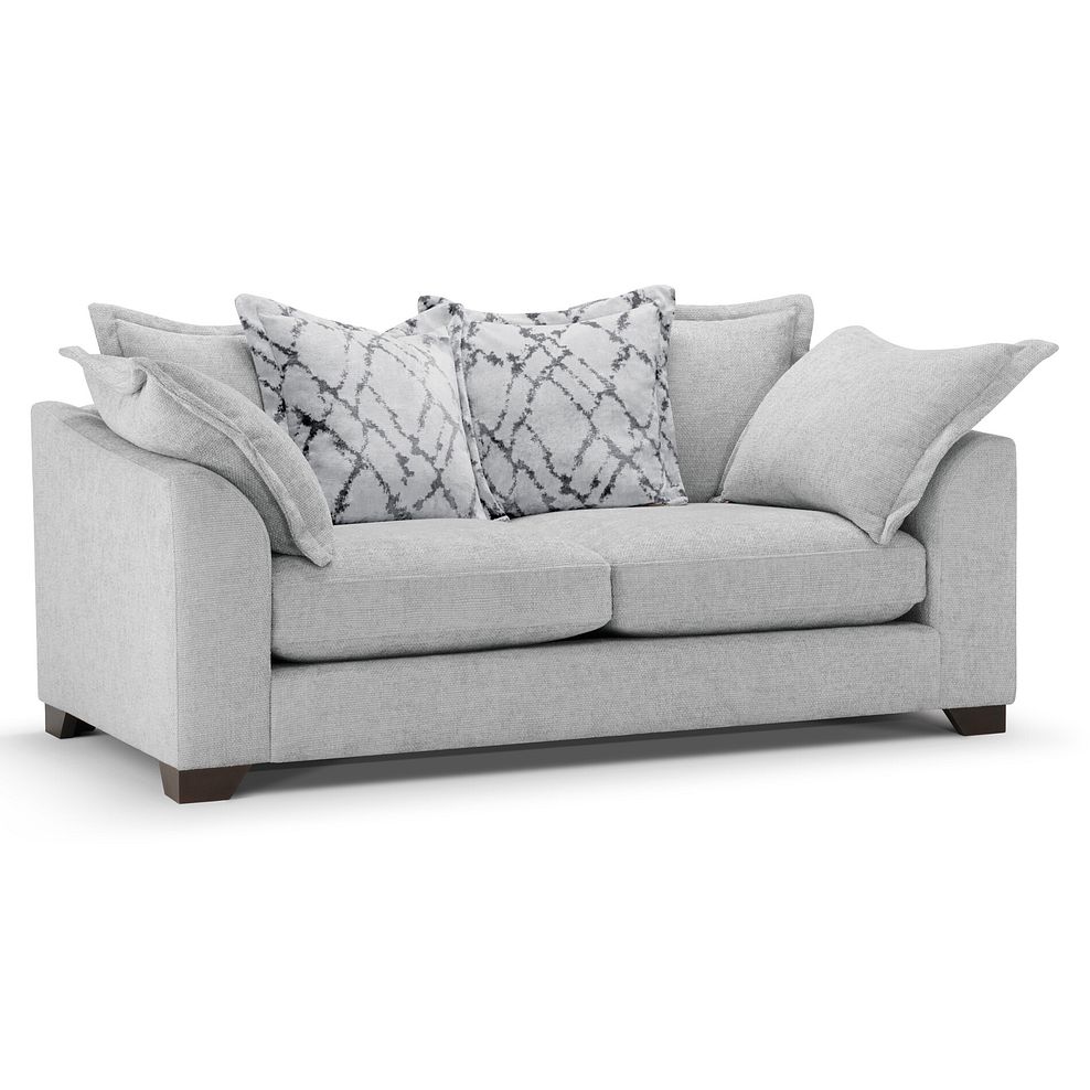 Dewsbury 3 Seater Pillow Back Sofa in Milo Silver Fabric with Silver Scatter Cushions 1