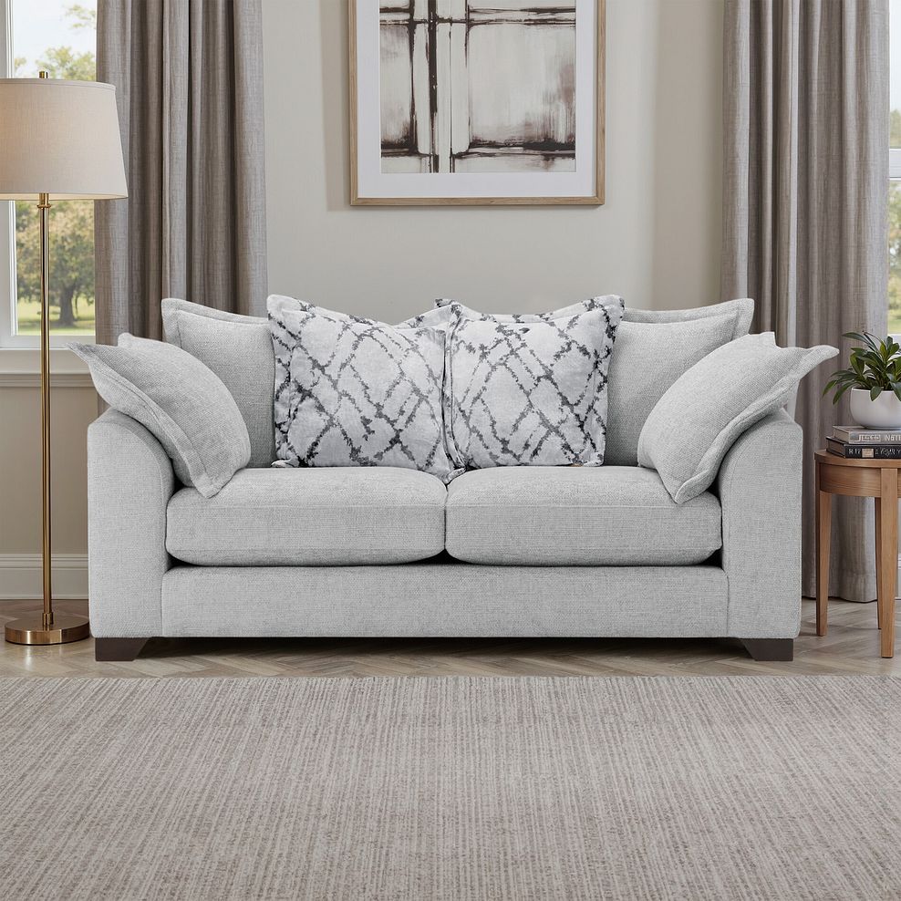 Dewsbury 3 Seater Pillow Back Sofa in Milo Silver Fabric with Silver Scatter Cushions 1