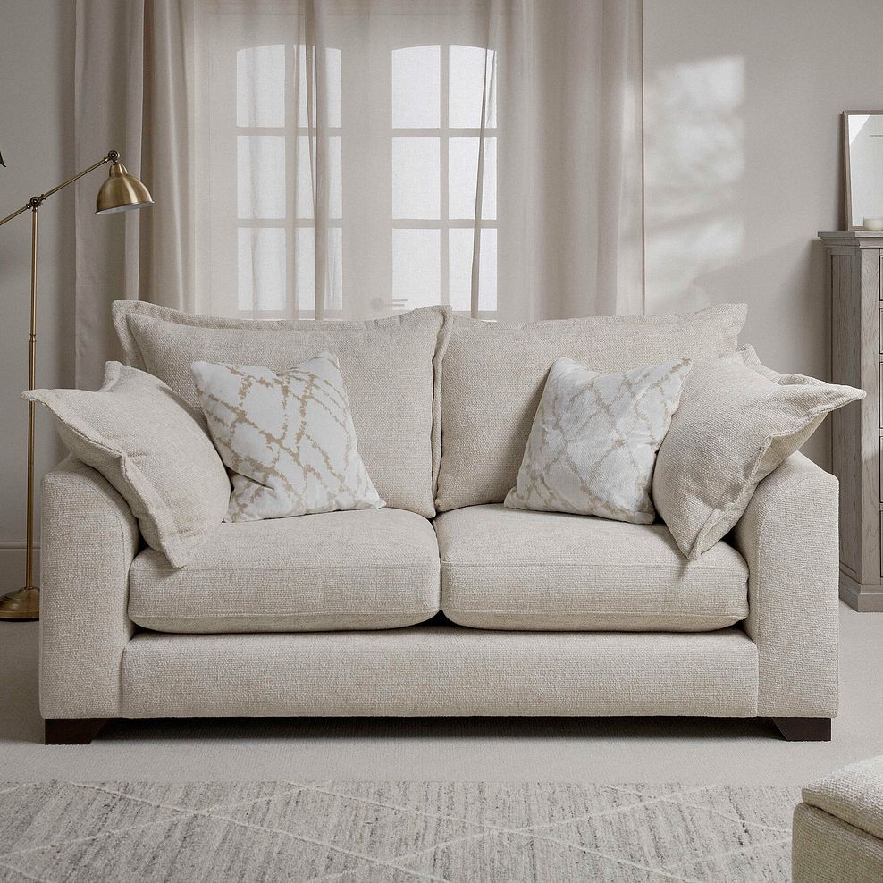 Dewsbury 3 Seater Sofa in Milo Cream Fabric with Natural Scatter Cushions 1