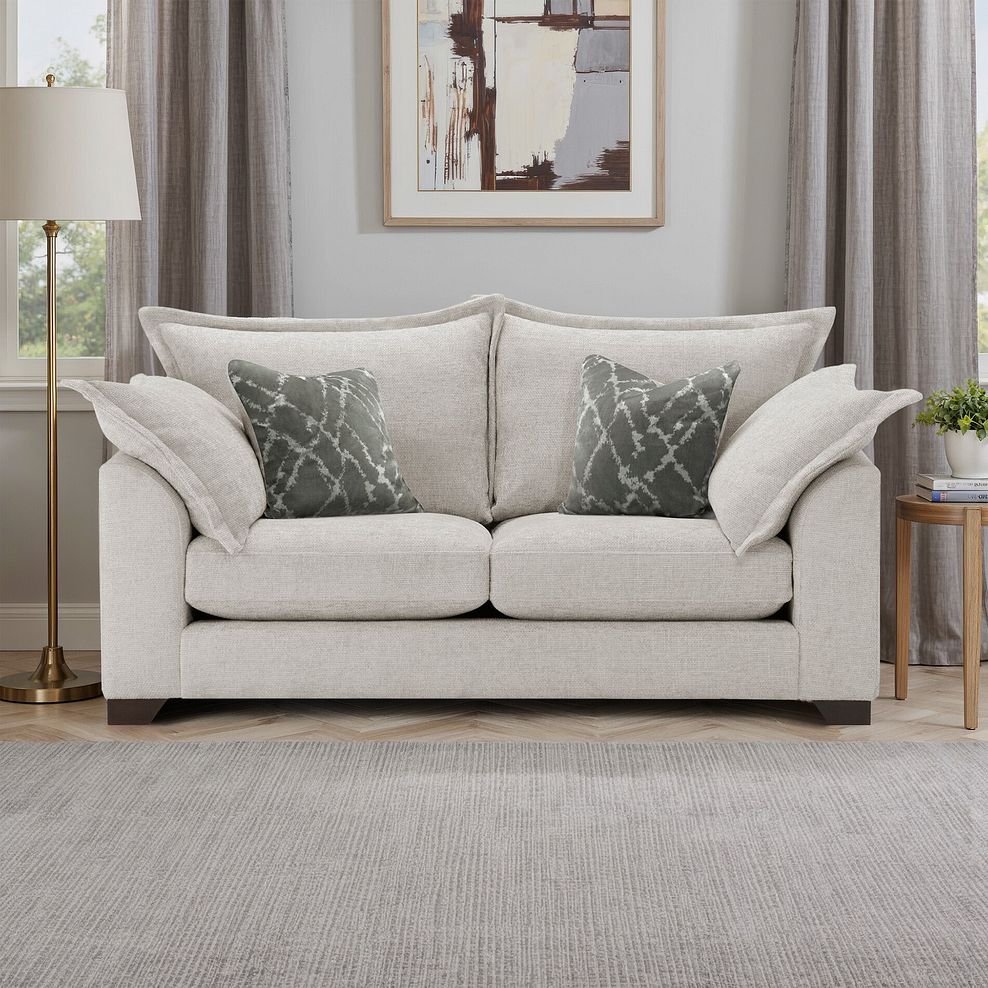 Dewsbury 3 Seater Sofa in Milo Ivory Fabric with Mink Scatter Cushions 1