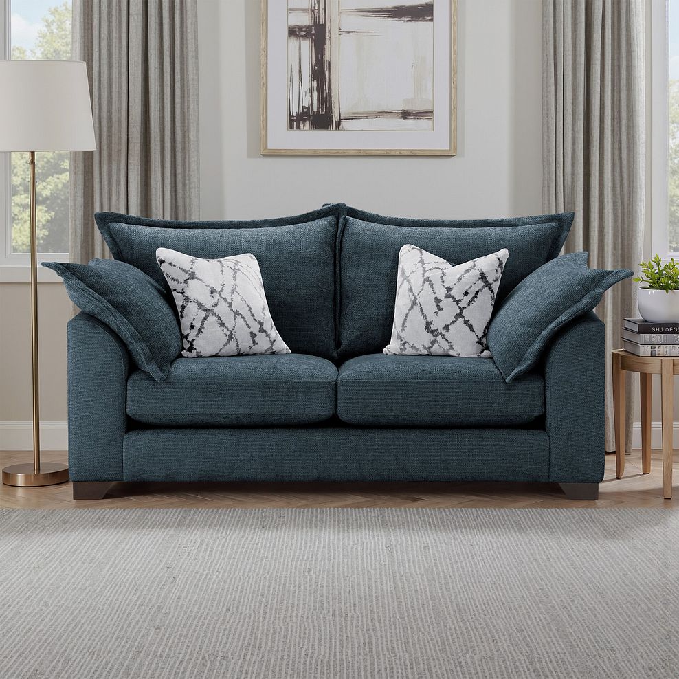 Dewsbury 3 Seater Sofa in Milo Navy Fabric with Silver Scatter Cushions 1