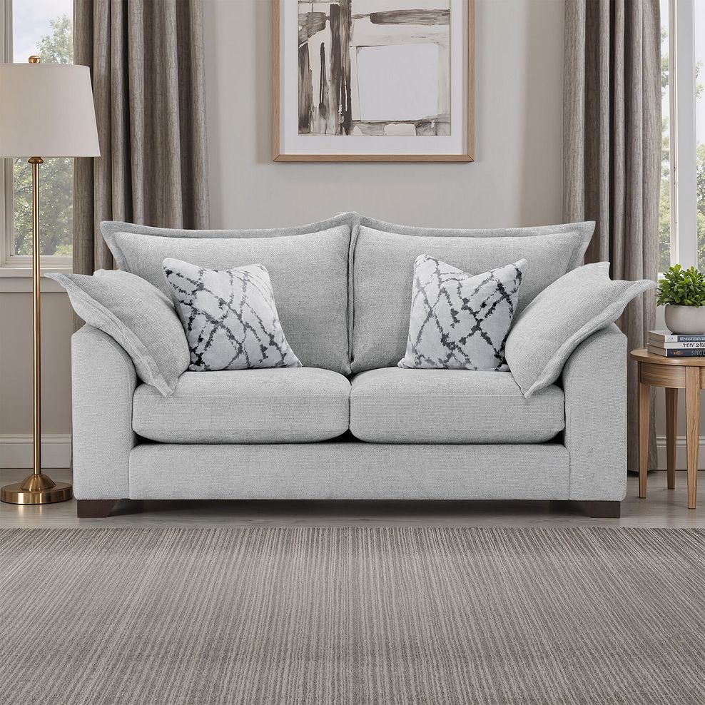 Dewsbury 3 Seater Sofa in Milo Silver Fabric with Silver Scatter Cushions 1
