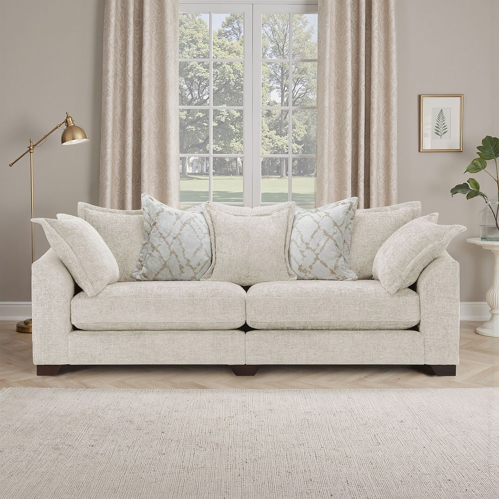 Dewsbury 4 Seater Pillow Back Sofa in Milo Cream Fabric with Natural Scatter Cushions 1