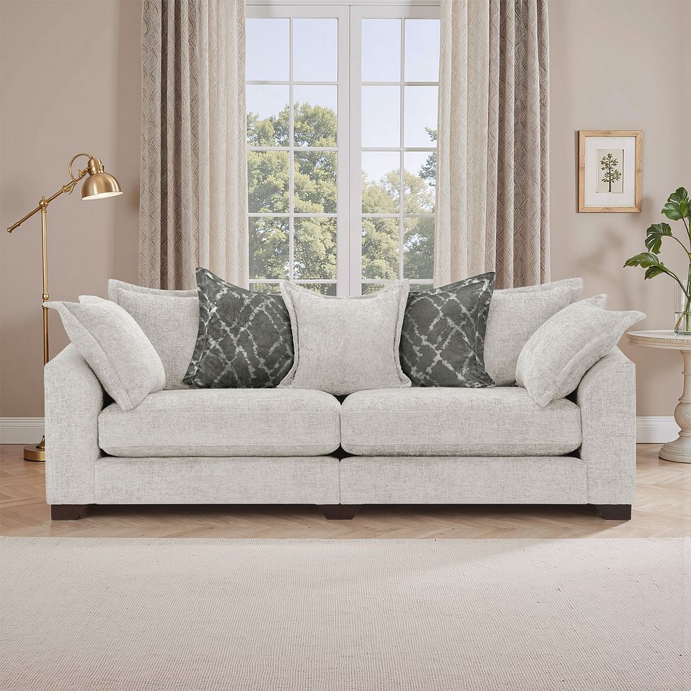 Dewsbury 4 Seater Pillow Back Sofa in Milo Ivory Fabric with Mink Scatter Cushions 1