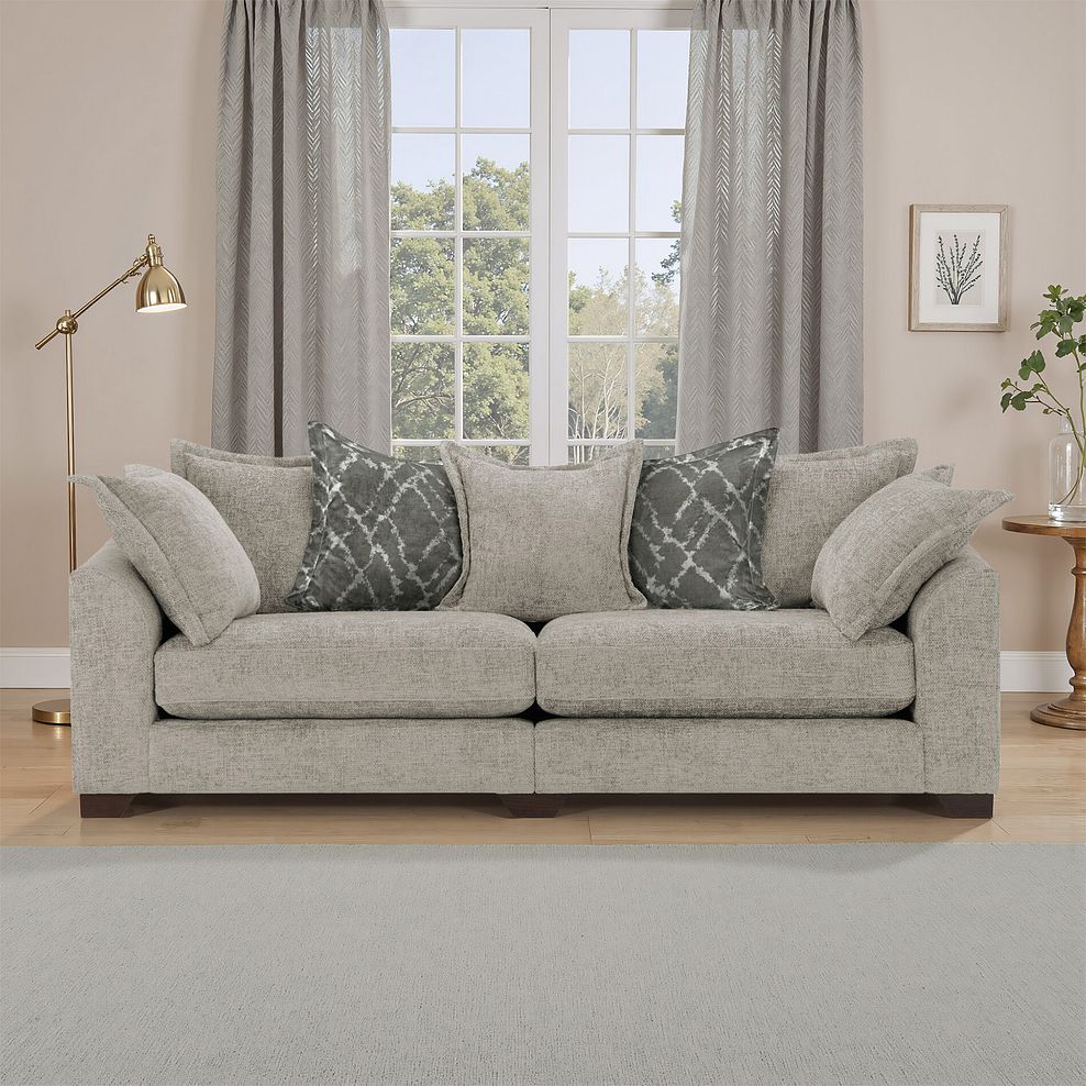 Dewsbury 4 Seater Pillow Back Sofa in Milo Mink Fabric with Mink Scatter Cushions 1