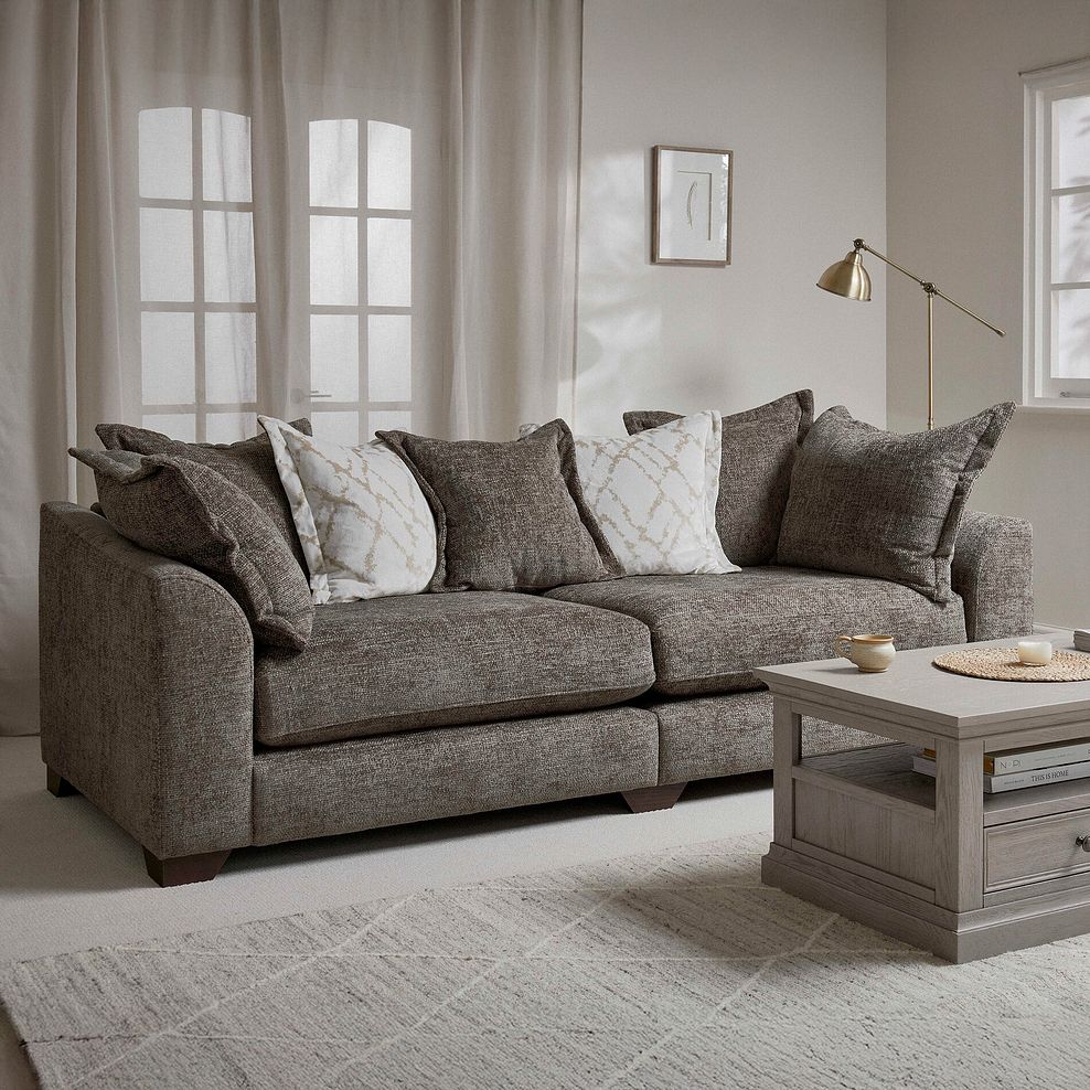 Dewsbury 4 Seater Pillow Back Sofa in Milo Mocha Fabric with Natural Scatter Cushions 2