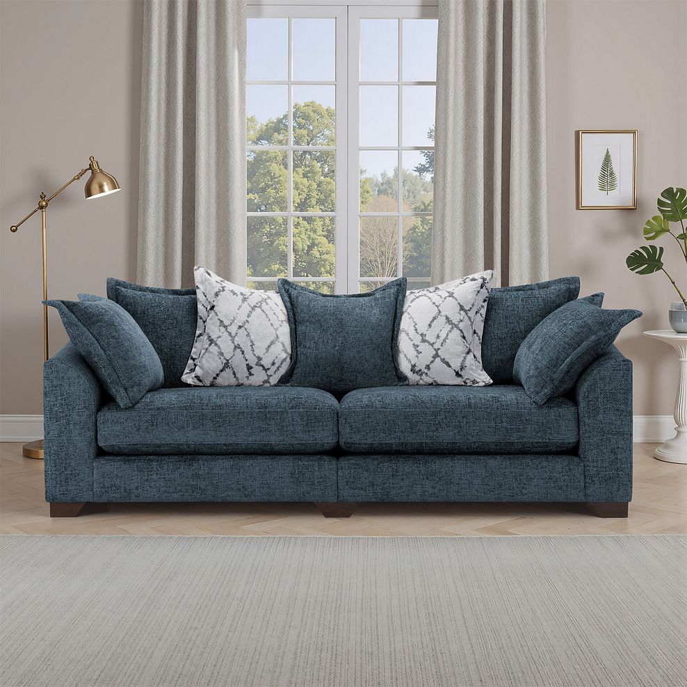 Dewsbury 4 Seater Pillow Back Sofa in Milo Navy Fabric with Silver Scatter Cushions 1