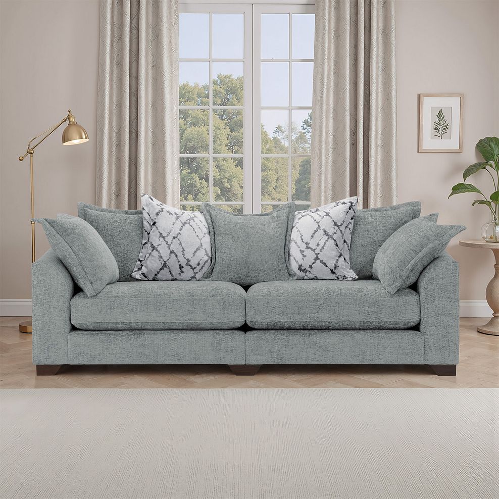 Dewsbury 4 Seater Pillow Back Sofa in Milo Pewter Fabric with Silver Scatter Cushions 1