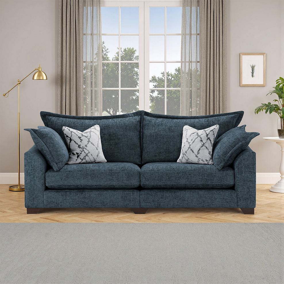 Dewsbury 4 Seater Sofa in Milo Navy Fabric with Silver Scatter Cushions 1