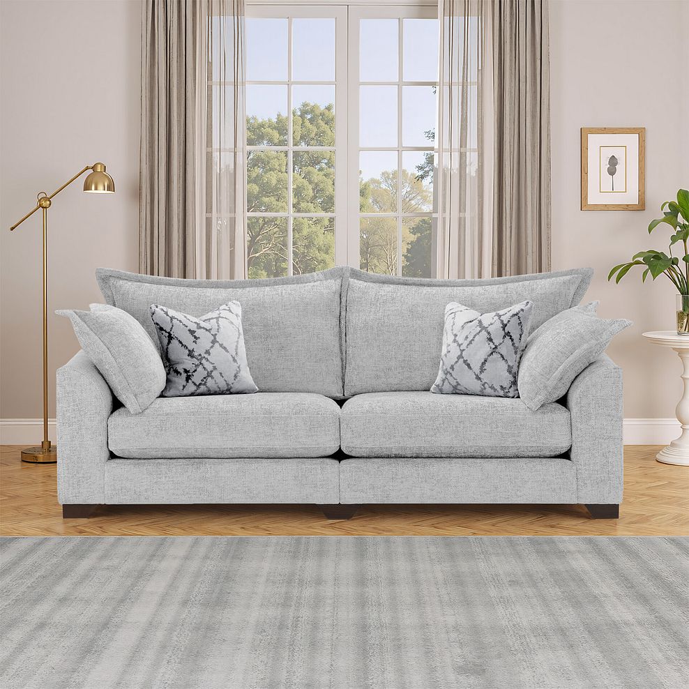 Dewsbury 4 Seater Sofa in Milo Silver Fabric with Silver Scatter Cushions 1