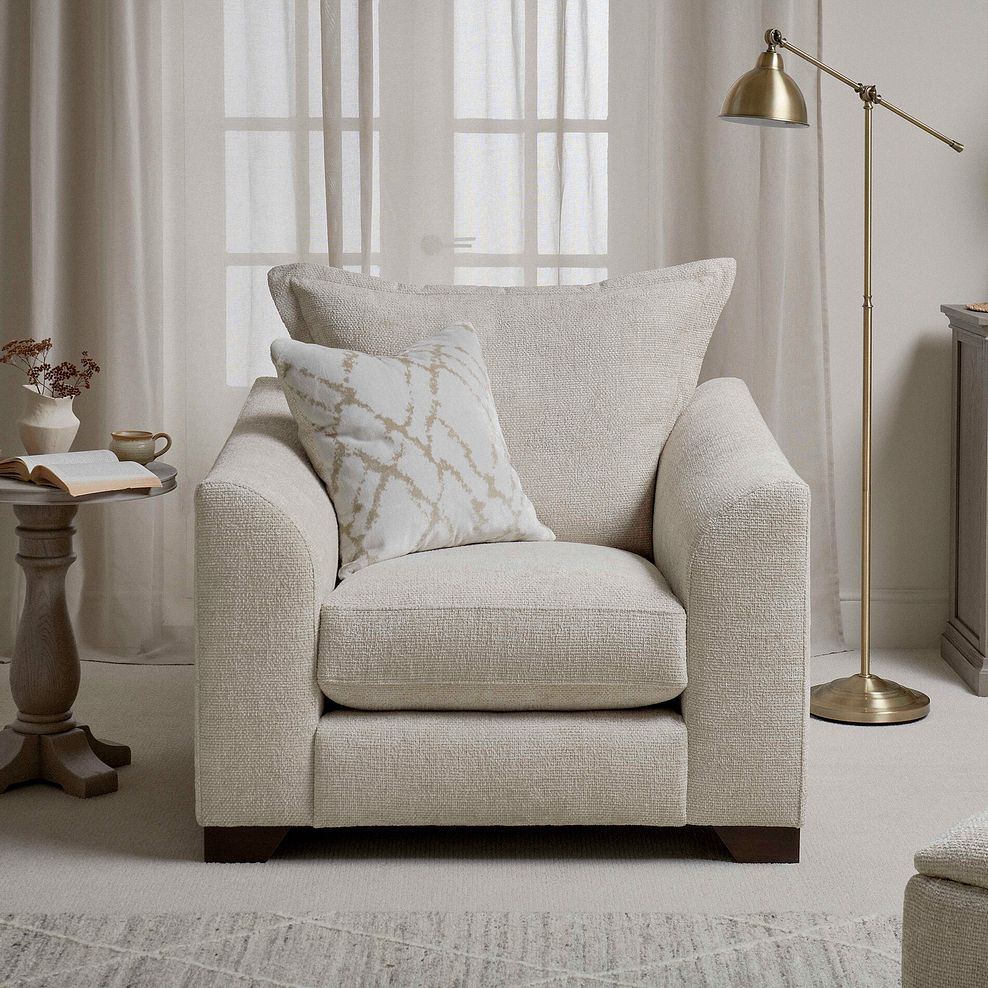 Dewsbury Armchair in Milo Cream Fabric with Natural Scatter Cushion 2