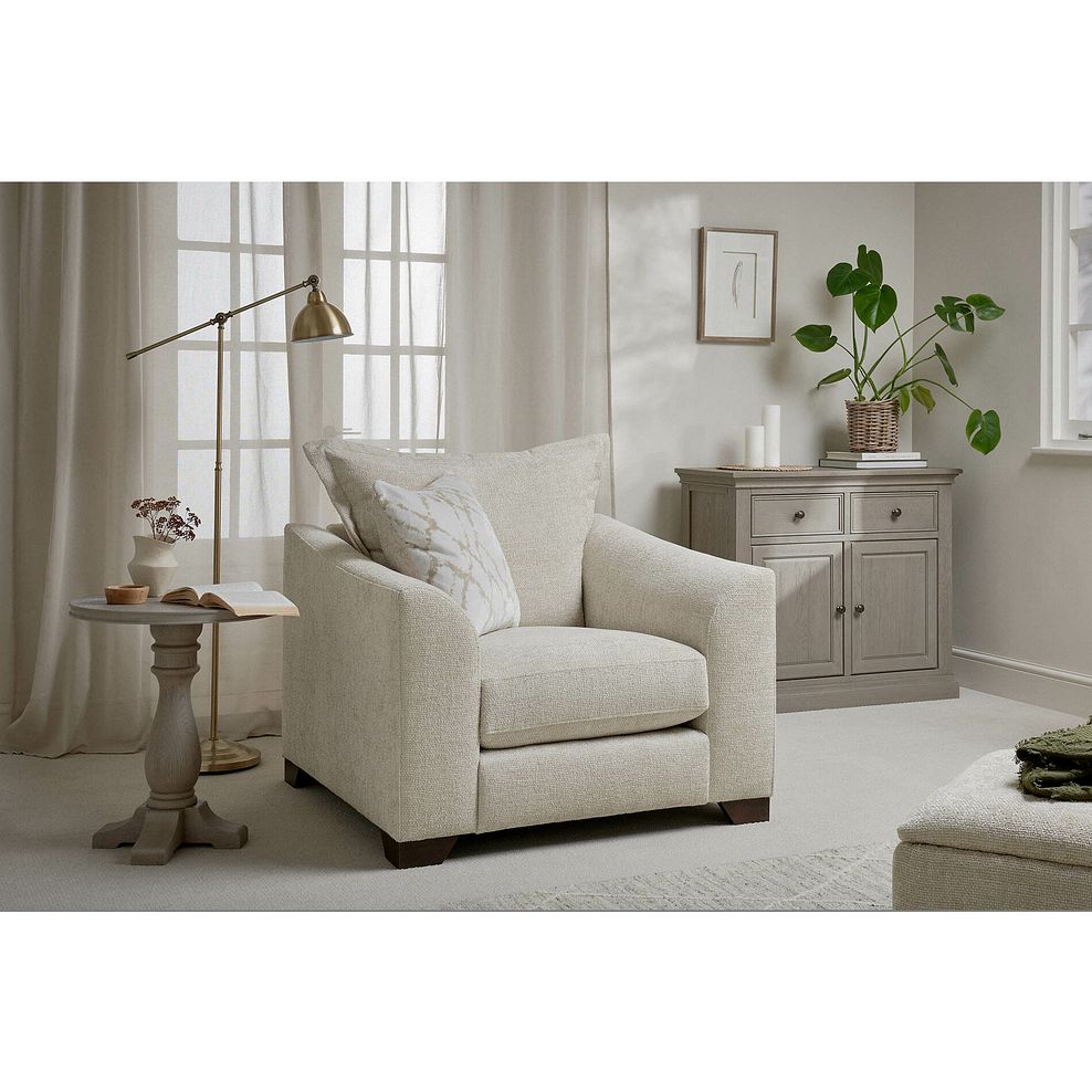 Dewsbury Armchair in Milo Cream Fabric with Natural Scatter Cushion 1