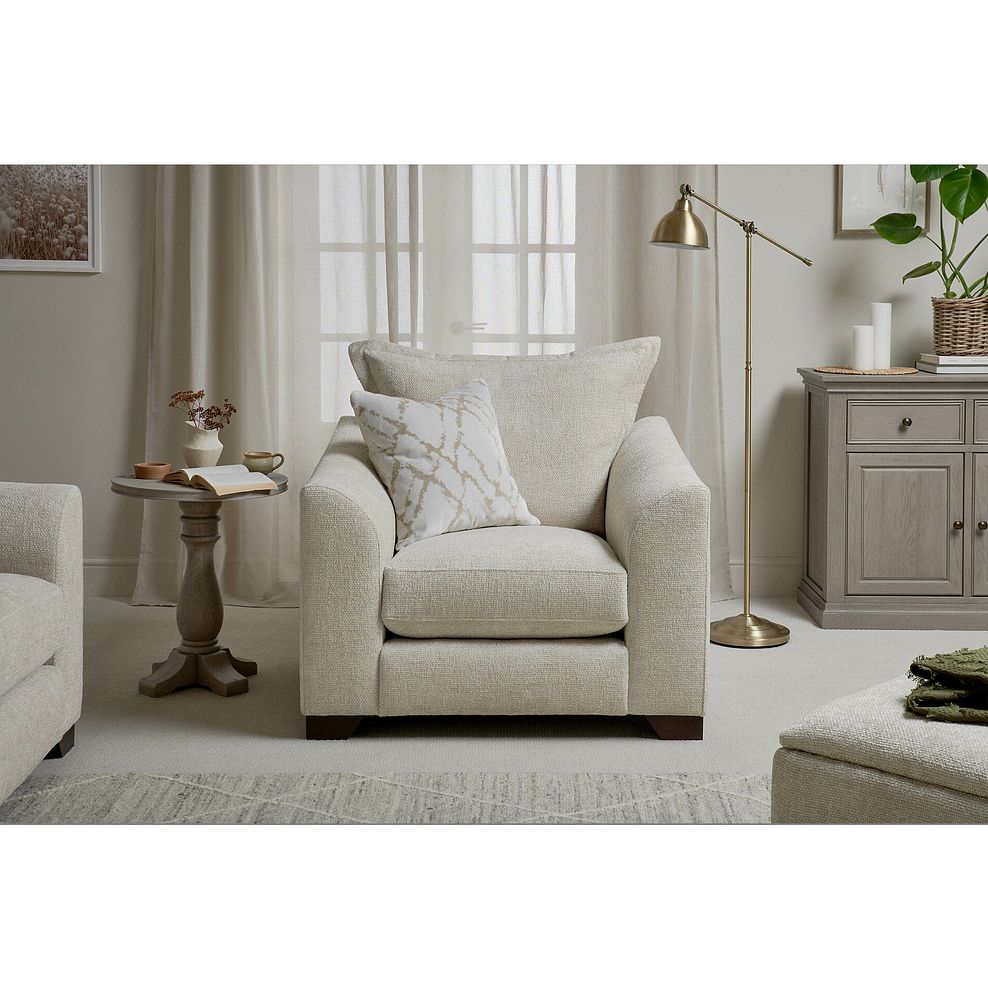 Dewsbury Armchair in Milo Cream Fabric with Natural Scatter Cushion 2