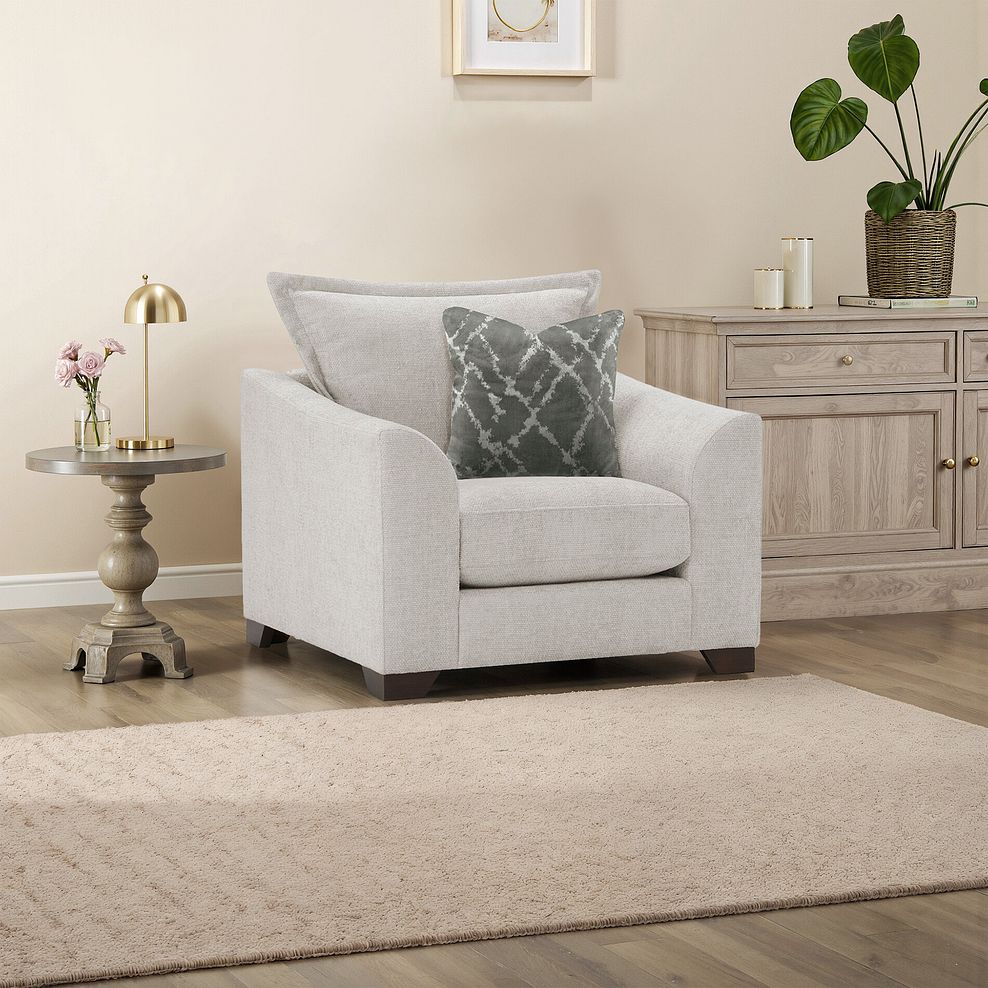 Dewsbury Armchair in Milo Ivory Fabric with Mink Scatter Cushion 1