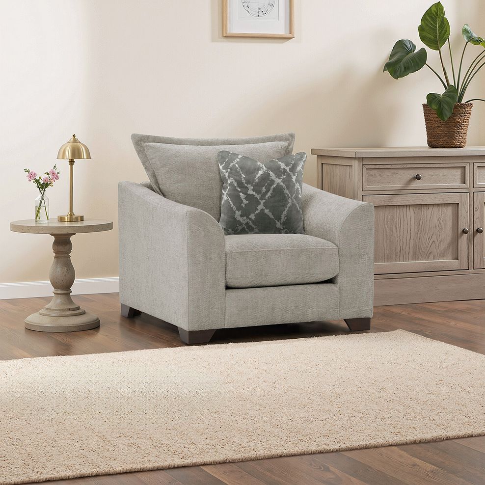 Dewsbury Armchair in Milo Mink Fabric with Mink Scatter Cushion 1