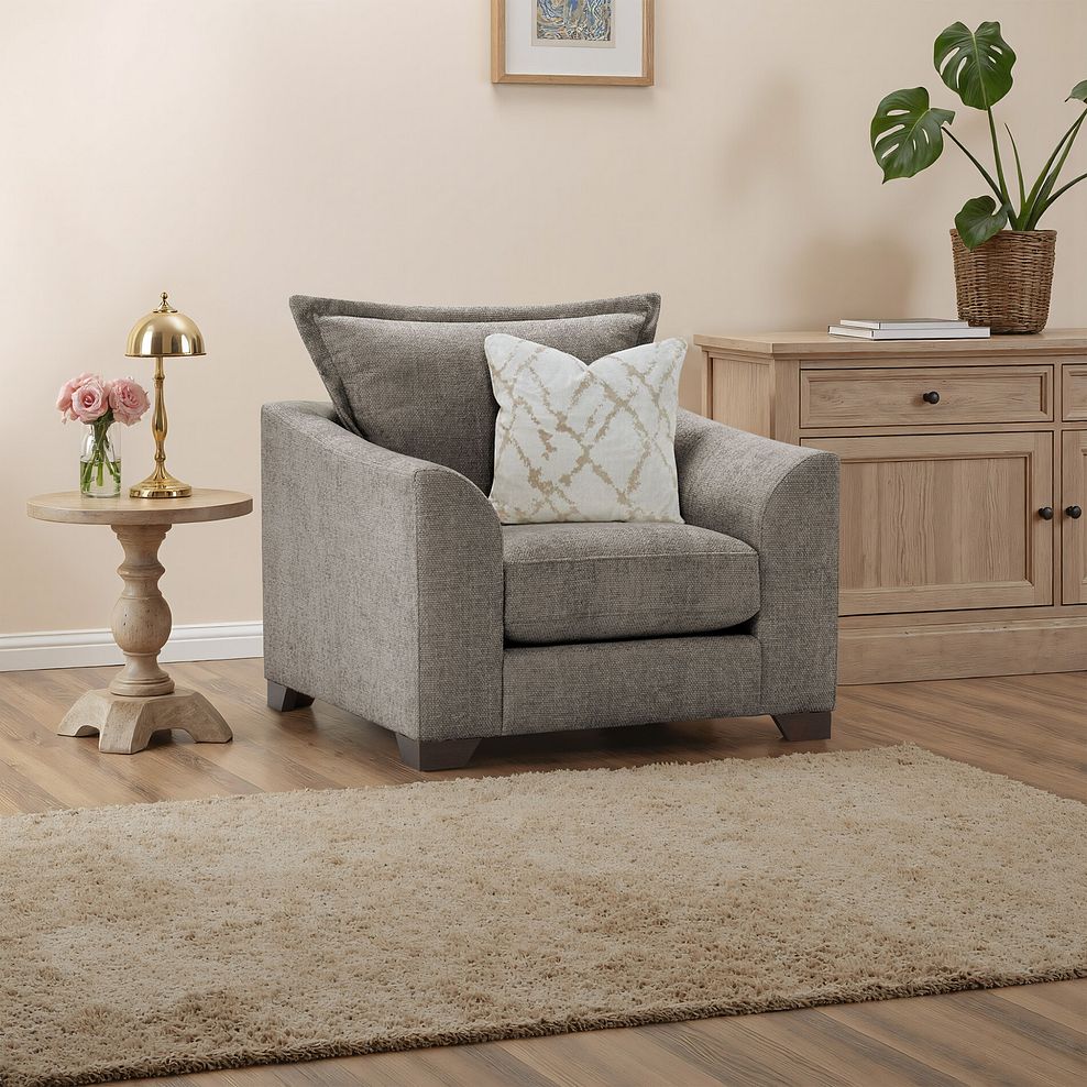 Dewsbury Armchair in Milo Mocha Fabric with Natural Scatter Cushion 1