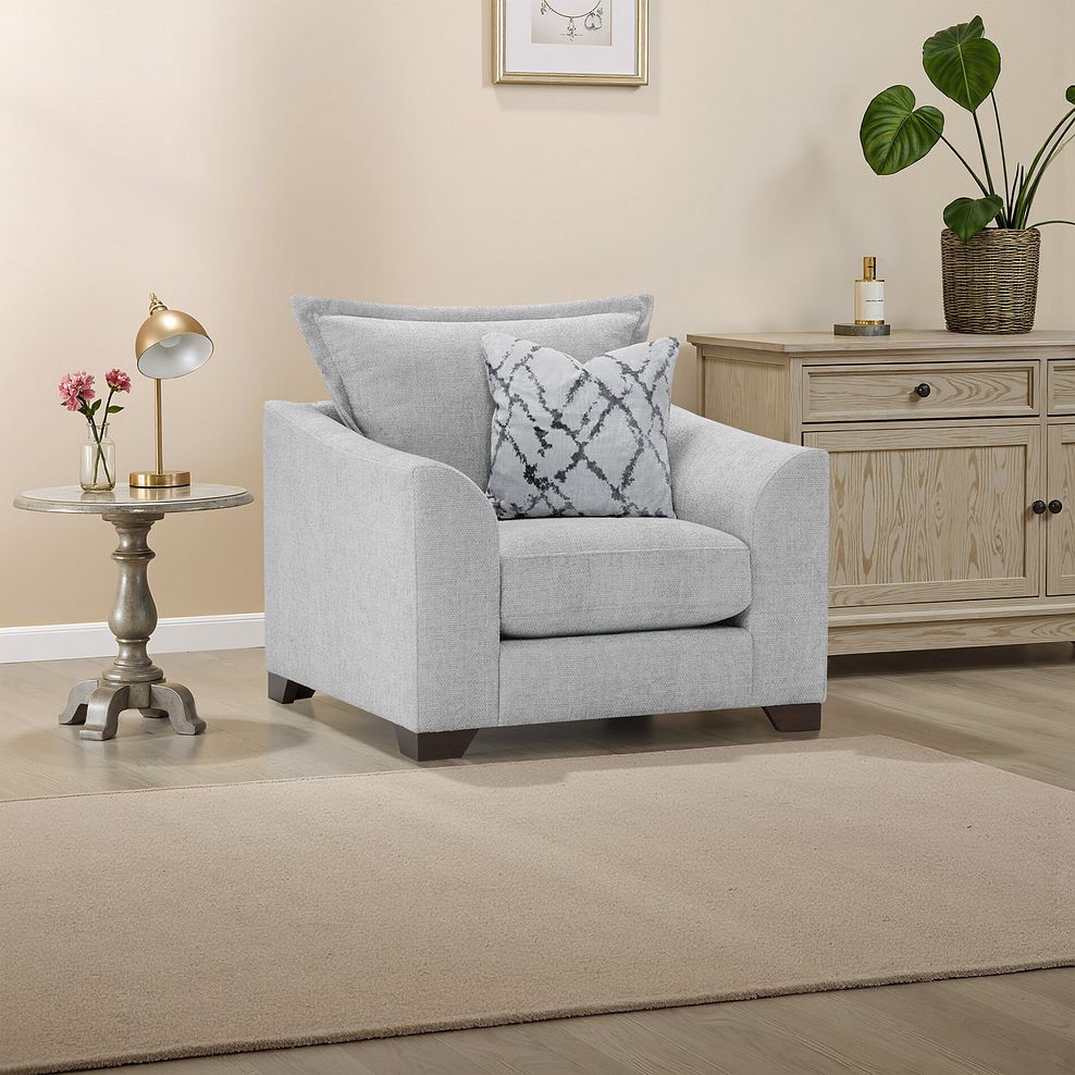 Dewsbury Armchair in Milo Silver Fabric with Silver Scatter Cushion 1