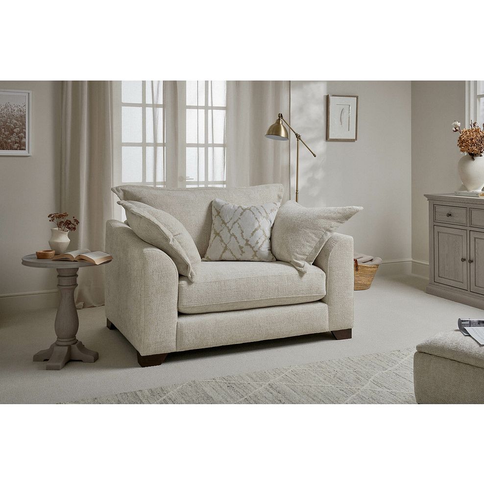 Dewsbury Loveseat in Milo Cream Fabric with Natural Scatter Cushions 1