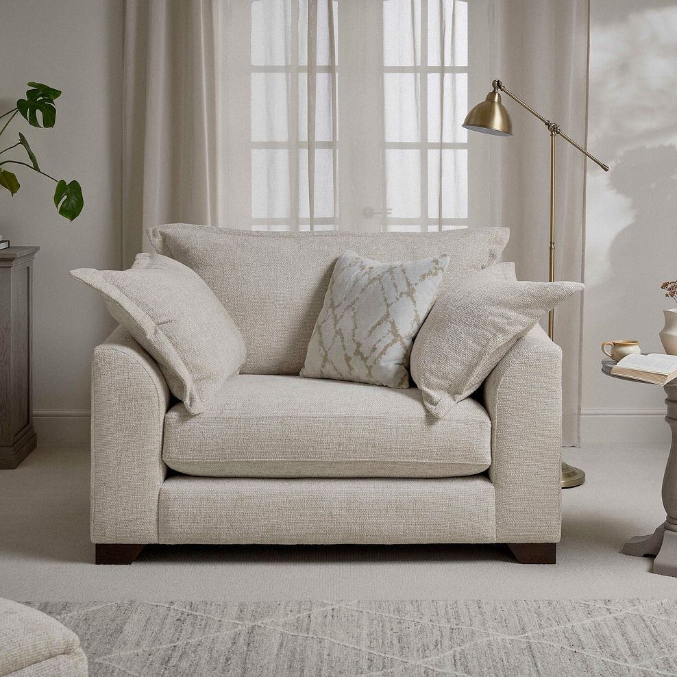 Dewsbury Loveseat in Milo Cream Fabric with Natural Scatter Cushions 1