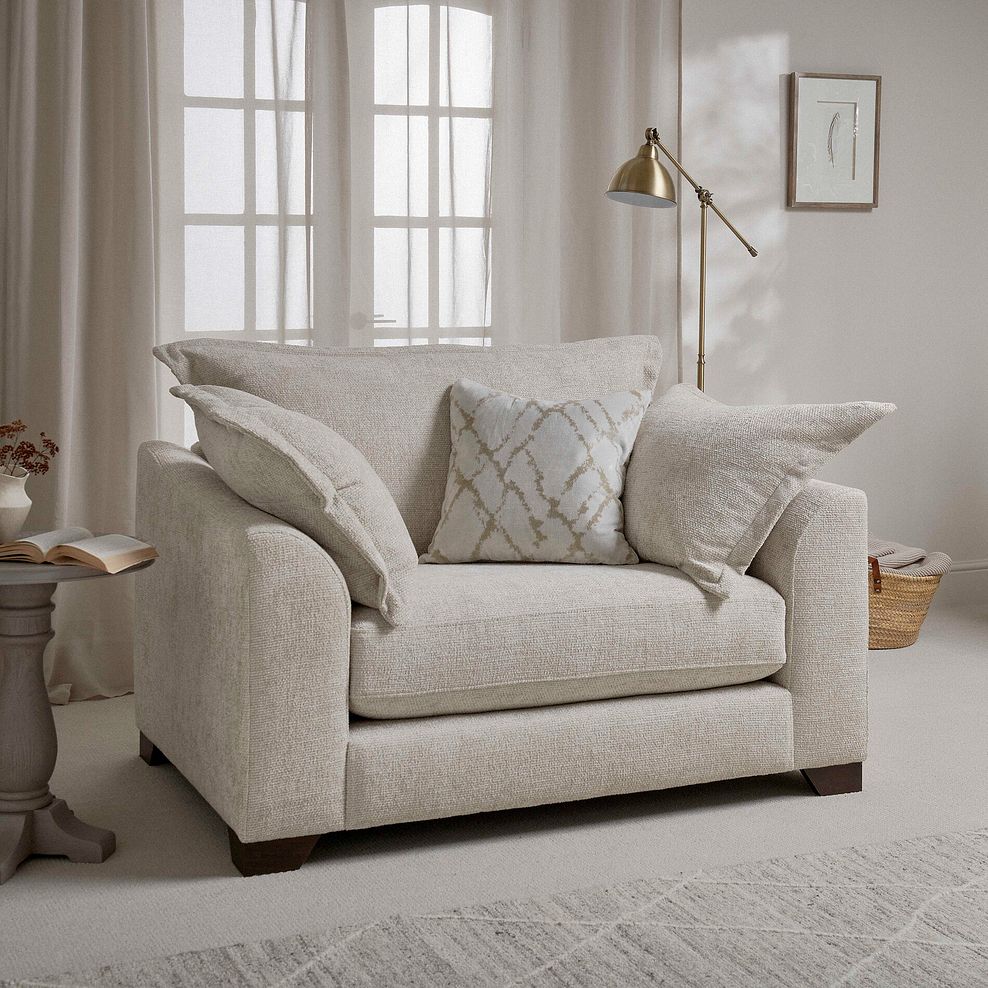 Dewsbury Loveseat in Milo Cream Fabric with Natural Scatter Cushions 2