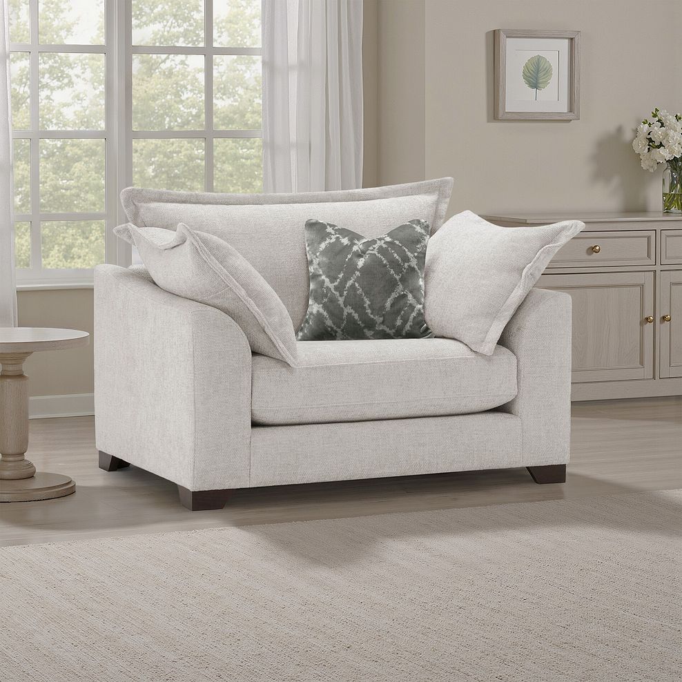 Dewsbury Loveseat in Milo Ivory Fabric with Mink Scatter Cushions 1