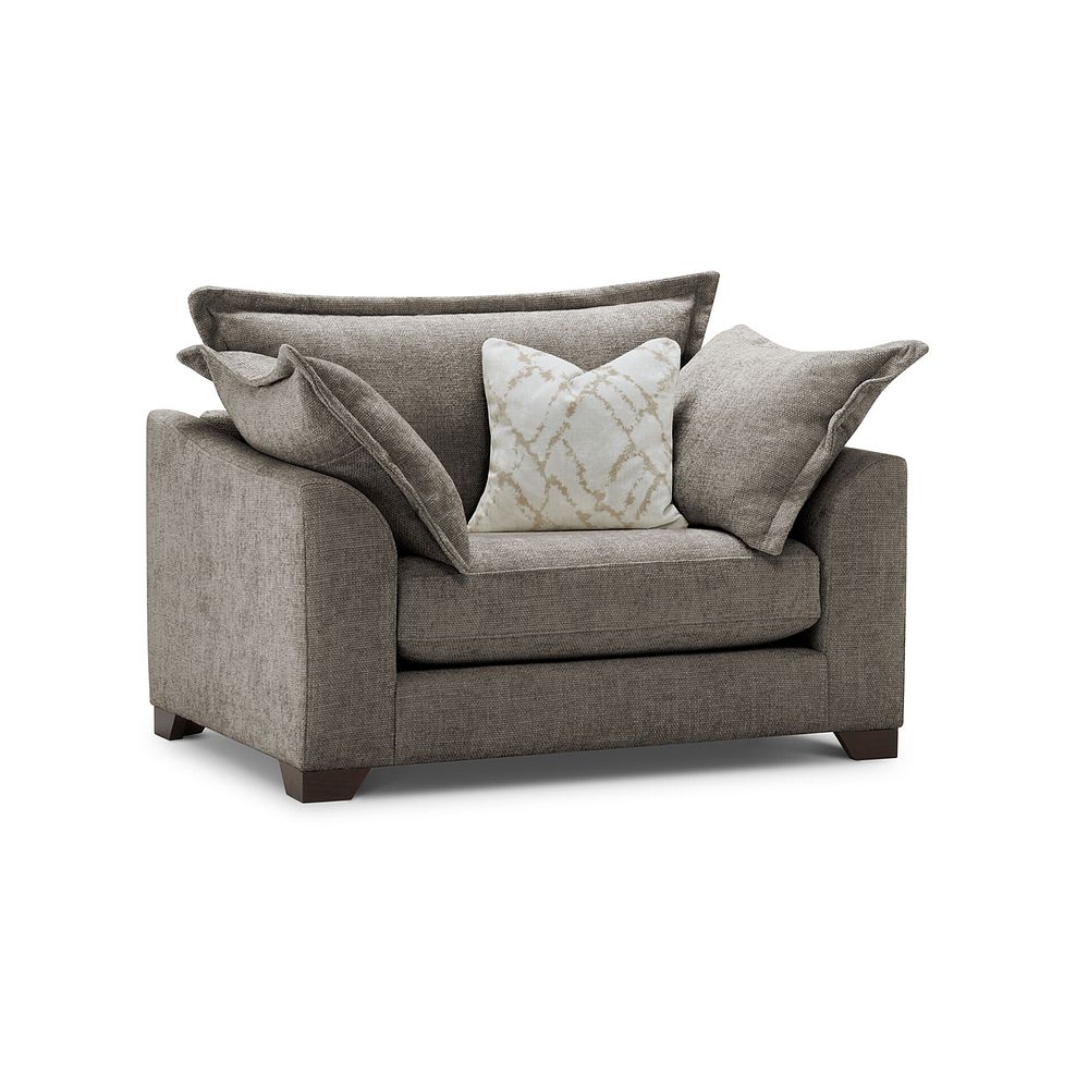 Dewsbury Loveseat in Milo Mocha Fabric with Natural Scatter Cushions 1