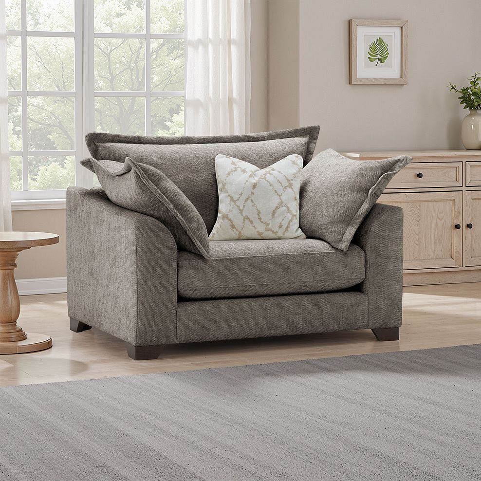 Dewsbury Loveseat in Milo Mocha Fabric with Natural Scatter Cushions 1