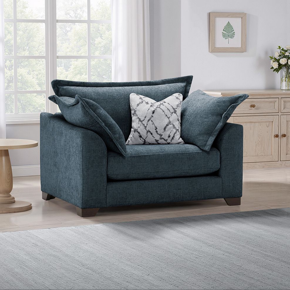 Dewsbury Loveseat in Milo Navy Fabric with Silver Scatter Cushions 1