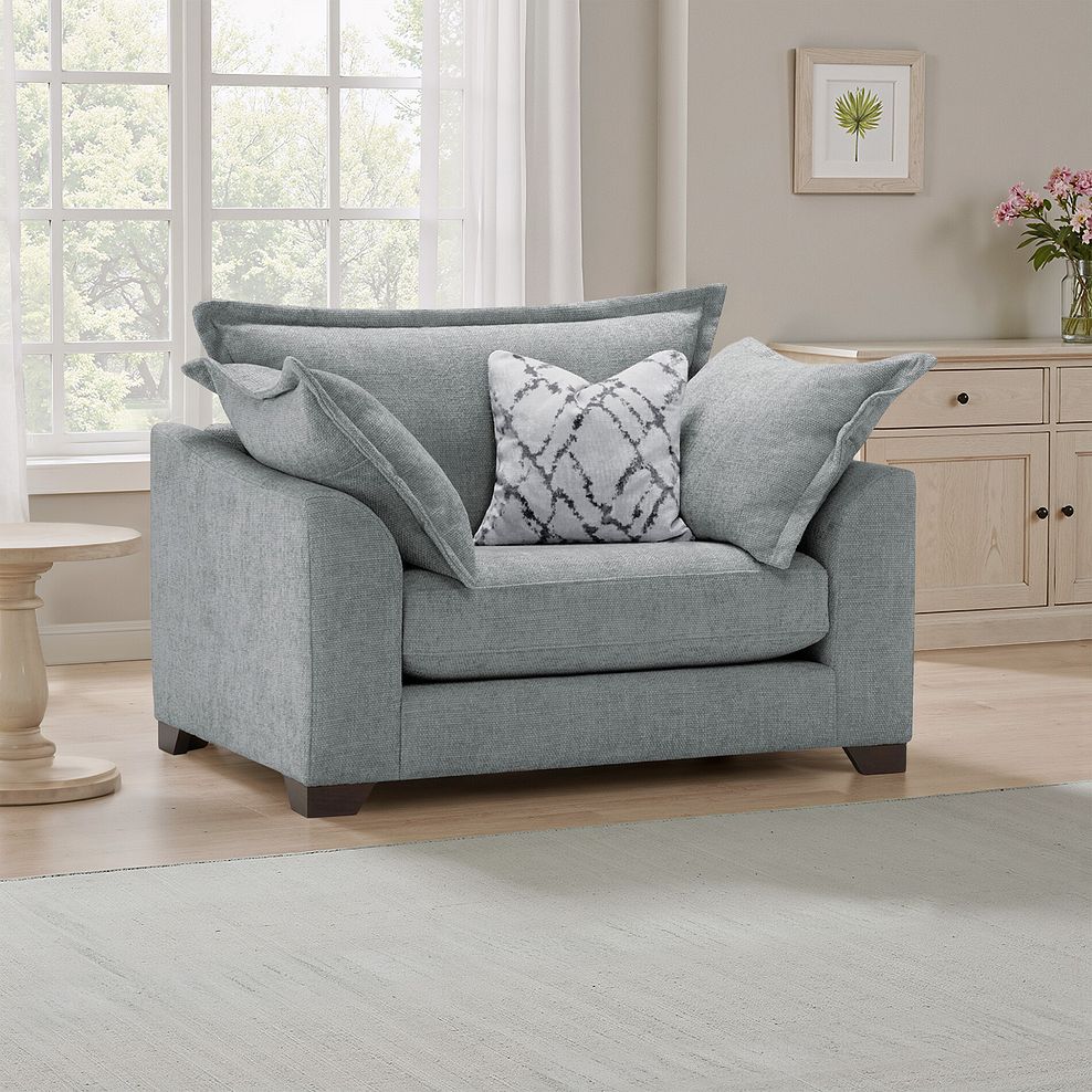 Dewsbury Loveseat in Milo Pewter Fabric with Silver Scatter Cushions 1