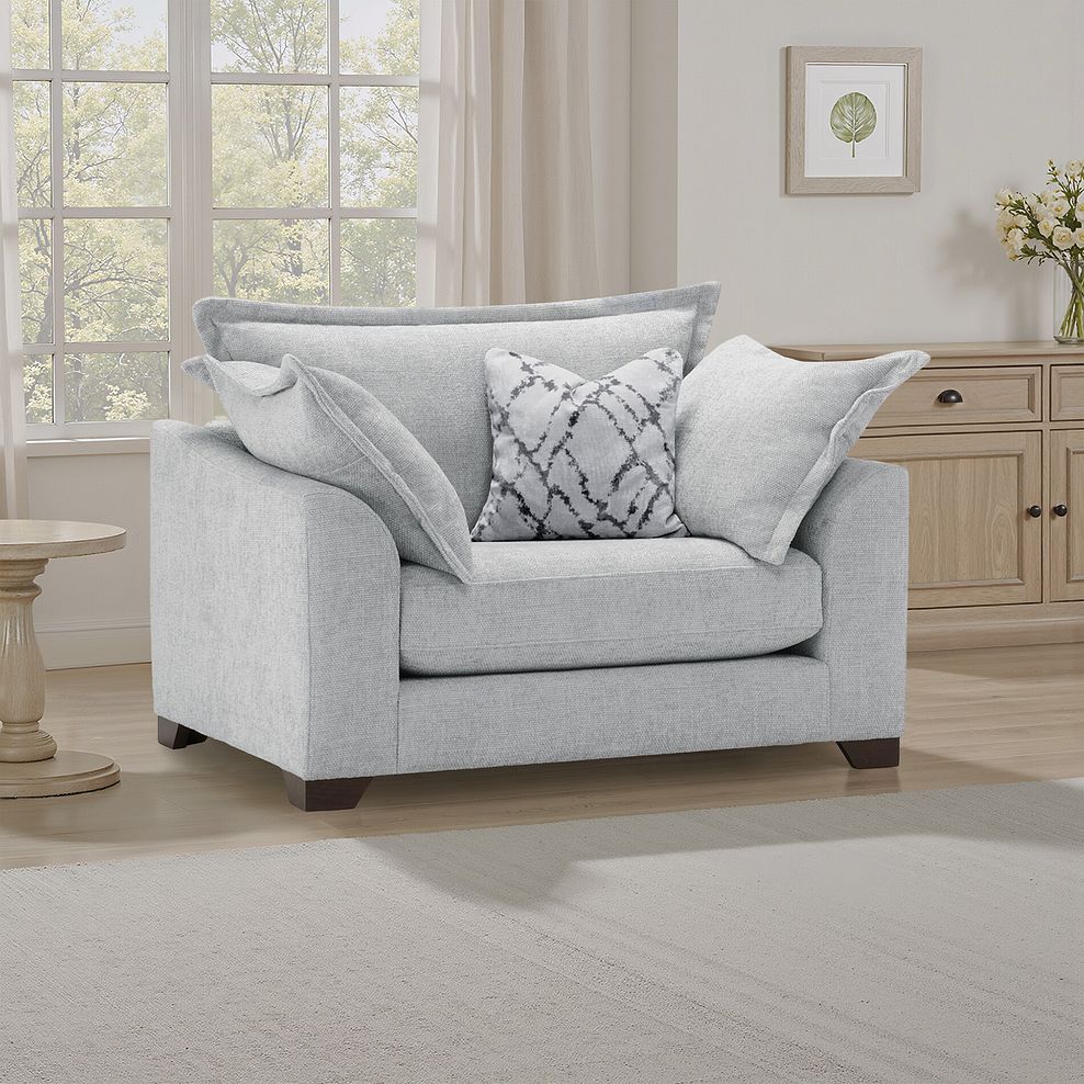 Dewsbury Loveseat in Milo Silver Fabric with Silver Scatter Cushions 1