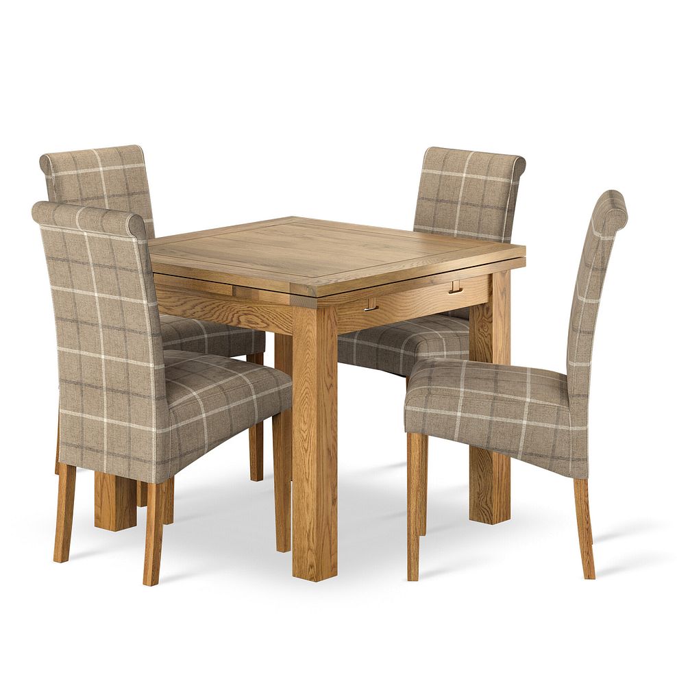 Dorset 3ft x 3ft Natural Oak Extending Dining Table + 4 Scroll Back Chair in Checked Beige Fabric with Oak Legs 1