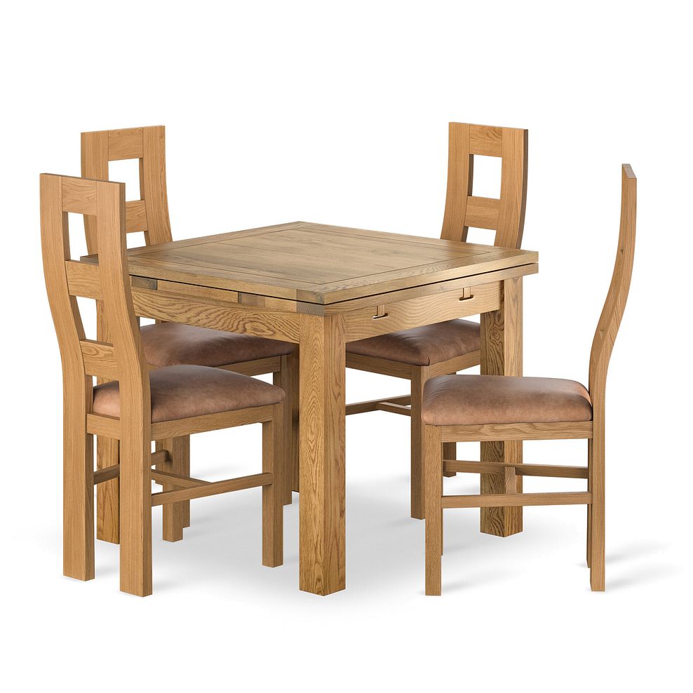 Dorset 3ft x 3ft Natural Oak Extending Dining Table + 4 Wave Back Natural Solid Oak Chair with Vintage Tan Leather Look Fabric Seat 1