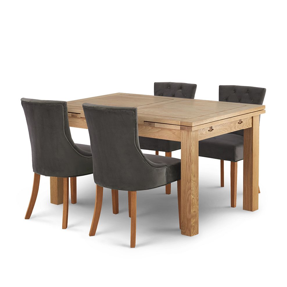 Dorset 4ft 7" x 3ft Natural Oak Extending Dining Table + 4 Isobel Button Back Chair in Storm Grey Velvet with Natural Oak Legs 1