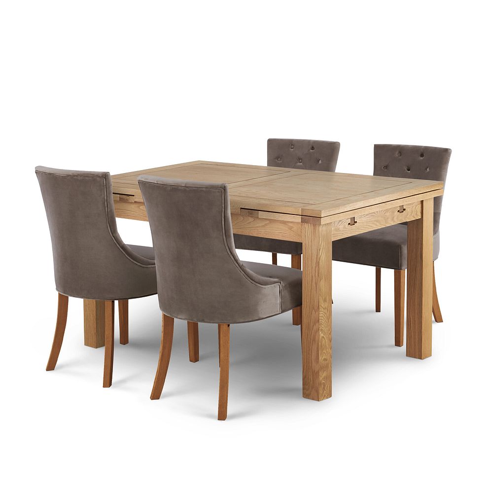 Dorset 4ft 7" x 3ft Natural Oak Extending Dining Table + 4 Isobel Button Back Chair in Taupe Velvet with Natural Oak Legs 1