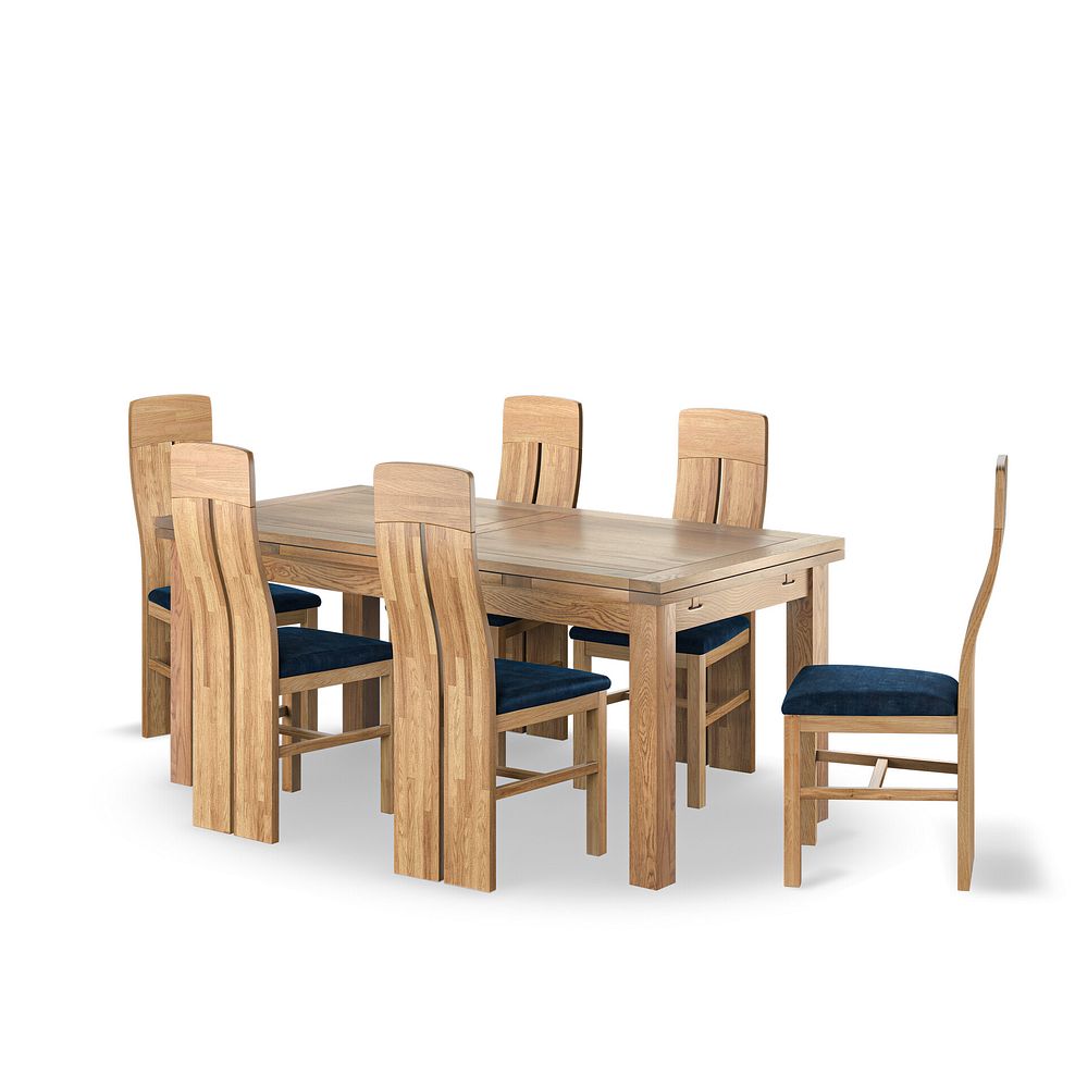 Dorset 6ft Natural Oak Extending Dining Table + 6 Lily Natural Oak Dining Chairs with Heritage Royal Blue Velvet Seat 1
