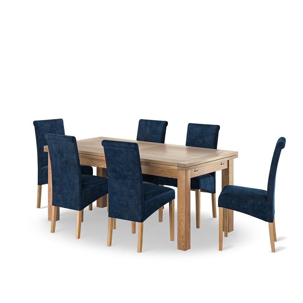 Dorset 6ft Natural Oak Extending Dining Table + 6 Scroll Back Chairs in Heritage Royal Blue Velvet with Oak Legs 1