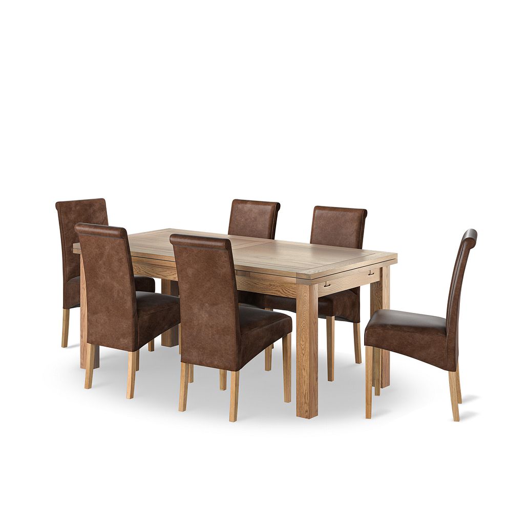 Dorset 6ft Natural Oak Extending Dining Table + 6 Scroll Back Chairs in Vintage Brown Leather Look Fabric with Oak Legs 1