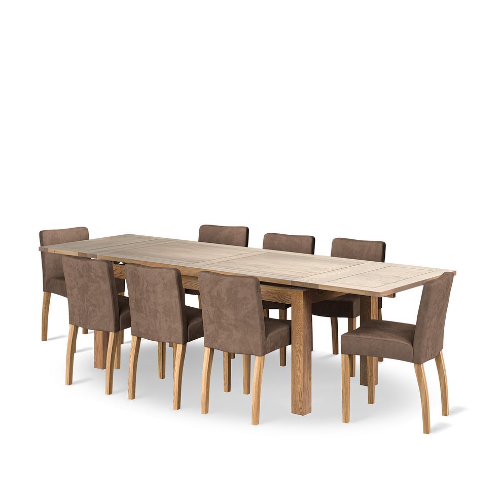 Dorset 6ft Natural Oak Extending Dining Table + 8 Dawson Chairs with Oak Legs in Suede Look Brown Fabric 1