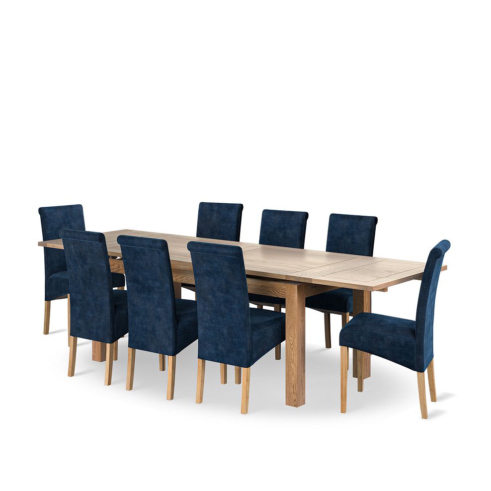 Dorset 6ft Natural Oak Extending Dining Table + 8 Scroll Back Chairs in Heritage Royal Blue Velvet with Oak Legs 1