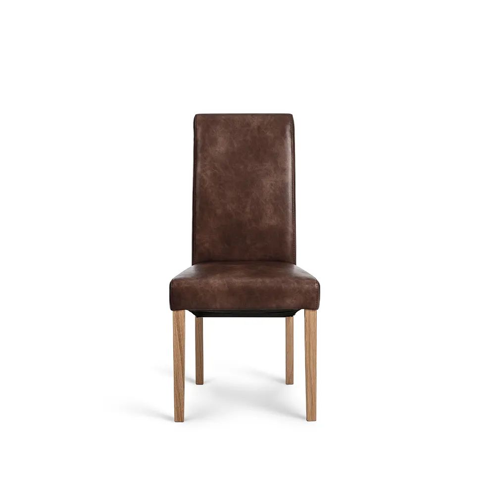Dorset 6ft Natural Oak Extending Dining Table + 8 Scroll Back Chairs in Vintage Brown Leather Look Fabric with Oak Legs 5