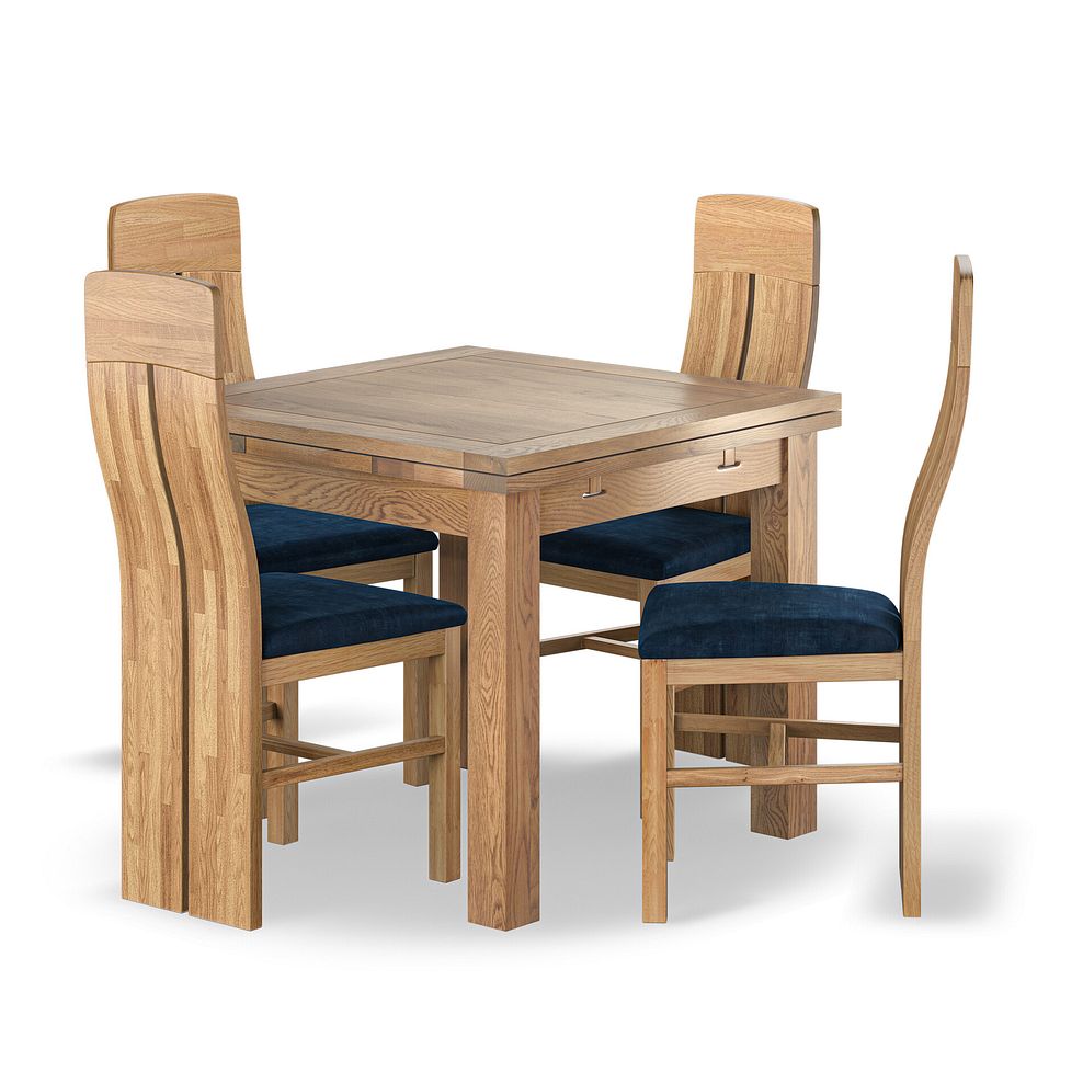 Dorset Natural Oak 3ft Extending Dining Table + 4 Lily Natural Oak Dining Chairs with Heritage Royal Blue Velvet Seat 1