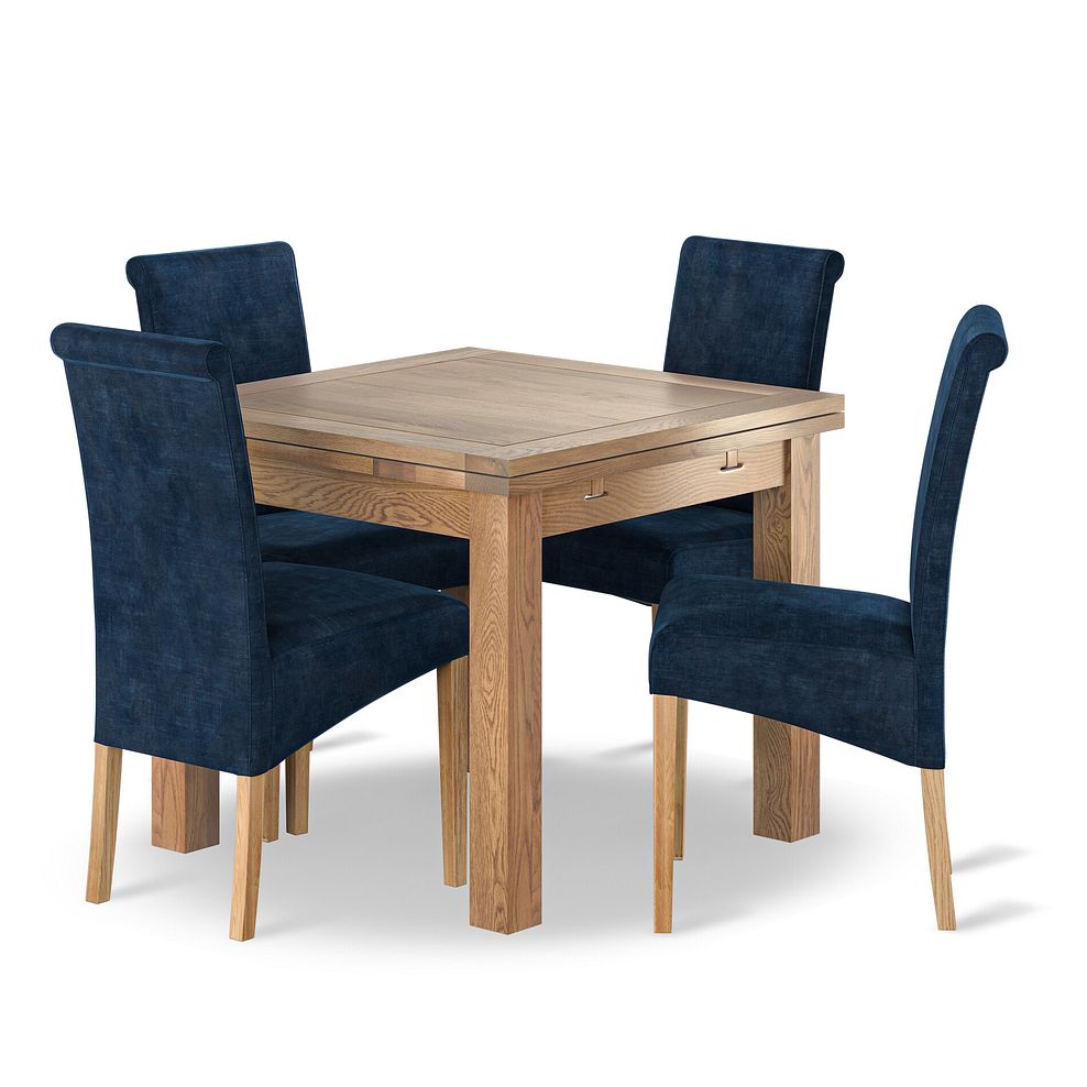 Dorset Natural Oak 3ft Extending Dining Table + 4 Scroll Back Chairs in Heritage Royal Blue Velvet with Oak Legs 1