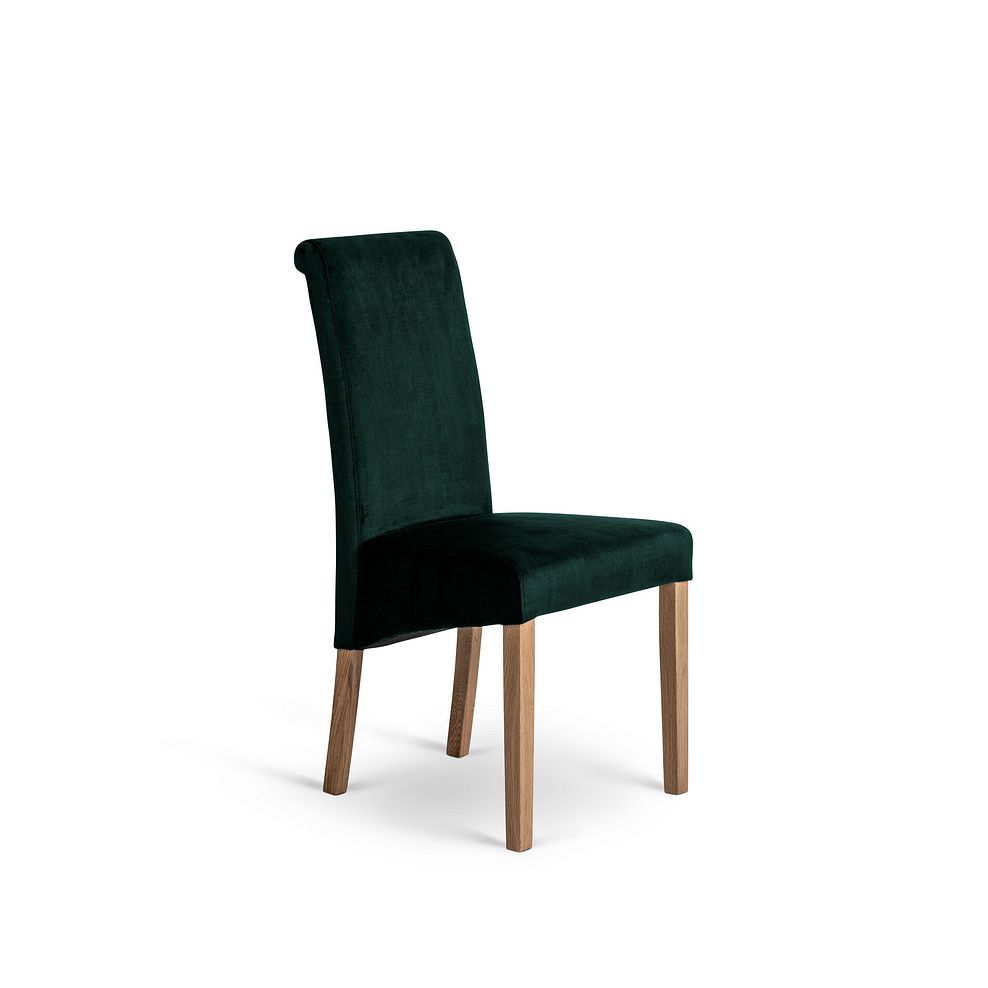 Dorset Natural Oak 4ft 7" Extending Dining Table + 4 Scroll Back Chairs in Heritage Bottle Green Velvet with Oak Legs 4