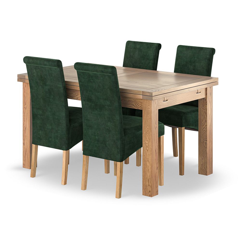 Dorset Natural Oak 4ft 7" Extending Dining Table + 4 Scroll Back Chairs in Heritage Bottle Green Velvet with Oak Legs 1