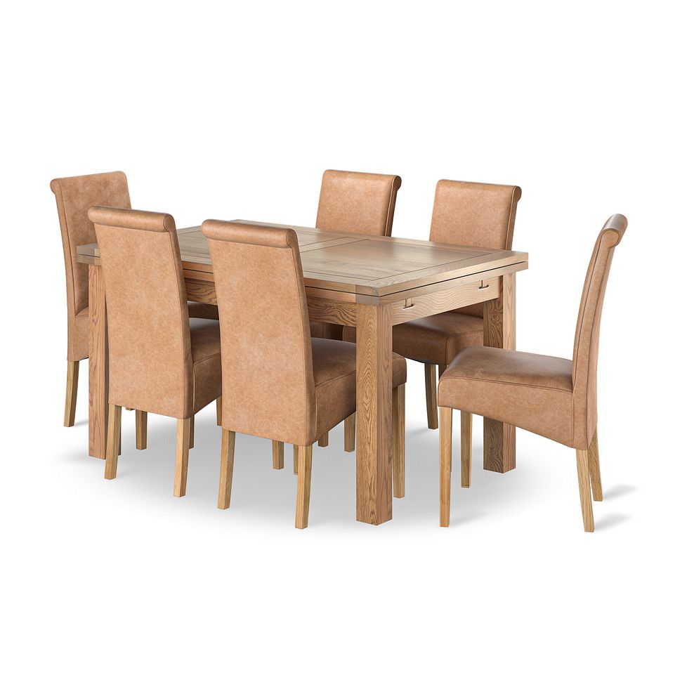 Dorset Natural Oak 4ft 7" Extending Dining Table + 4 Scroll Back Chairs in Vintage Tan Leather Look Fabric with Oak Legs 1