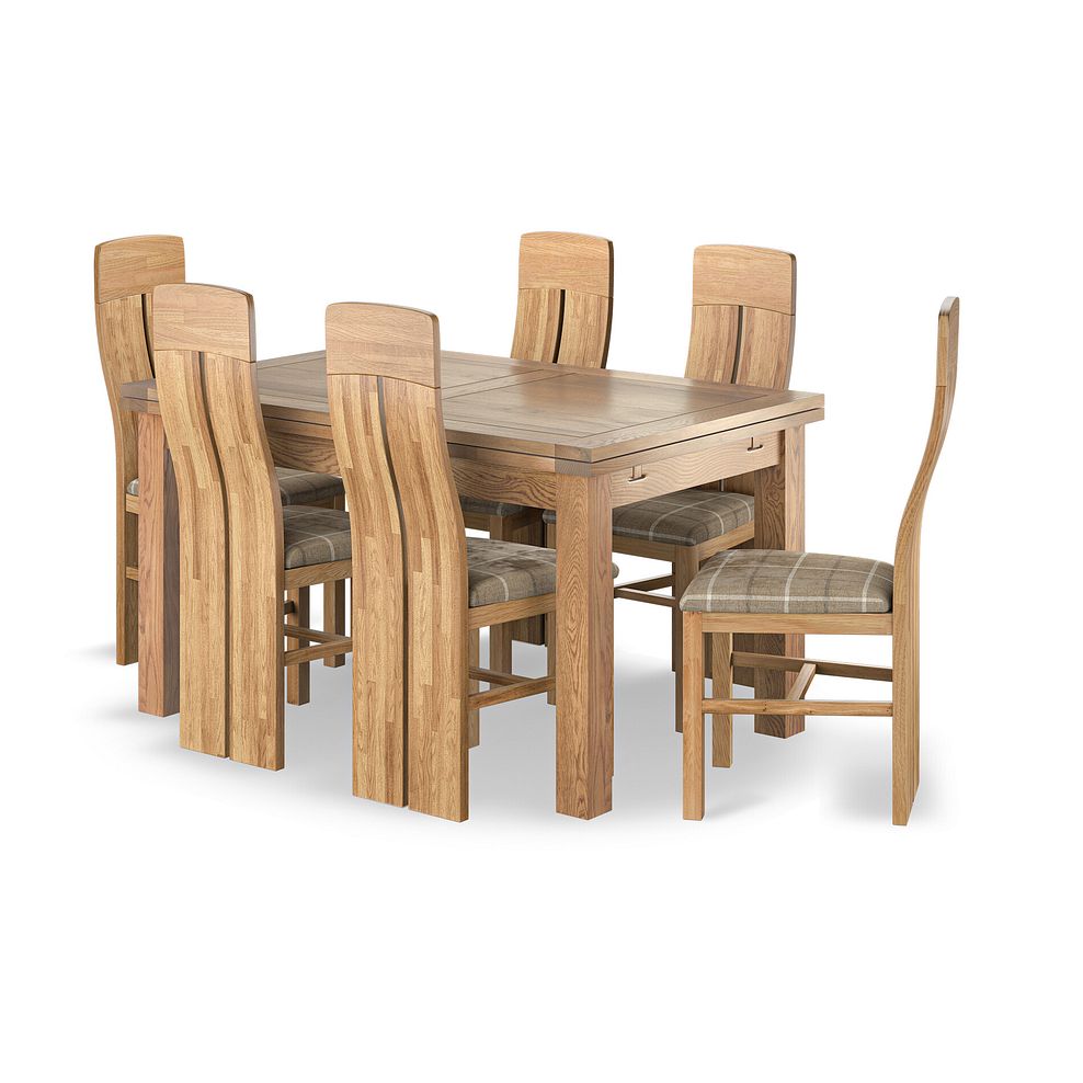 Dorset Natural Oak 4ft 7" Extending Dining Table + 6 Lily Natural Oak Dining Chairs with Checked Beige Fabric Seat 1