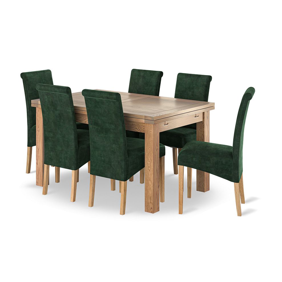 Dorset Natural Oak 4ft 7" Extending Dining Table + 6 Scroll Back Chairs in Heritage Bottle Green Velvet with Oak Legs 1
