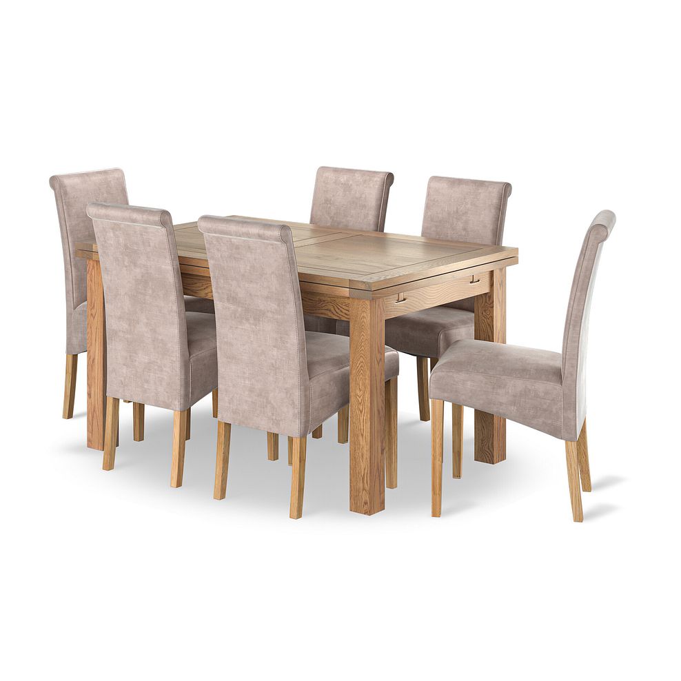 Dorset Natural Oak 4ft 7" Extending Dining Table + 6 Scroll Back Chairs in Heritage Mink Velvet with Oak Legs 1