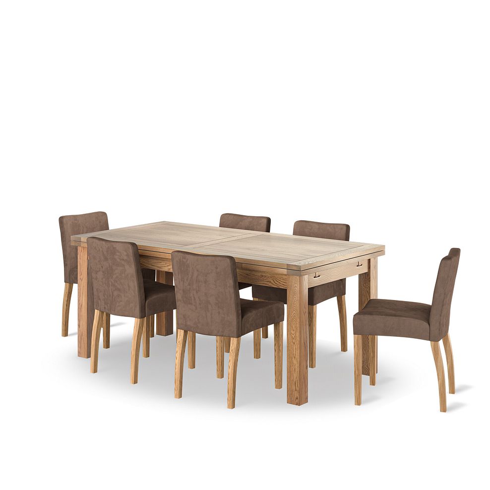 Dorset Natural Oak 6ft Extending Dining Table + 6 Dawson Chairs with Oak Legs in Suede Look Brown Fabric 1