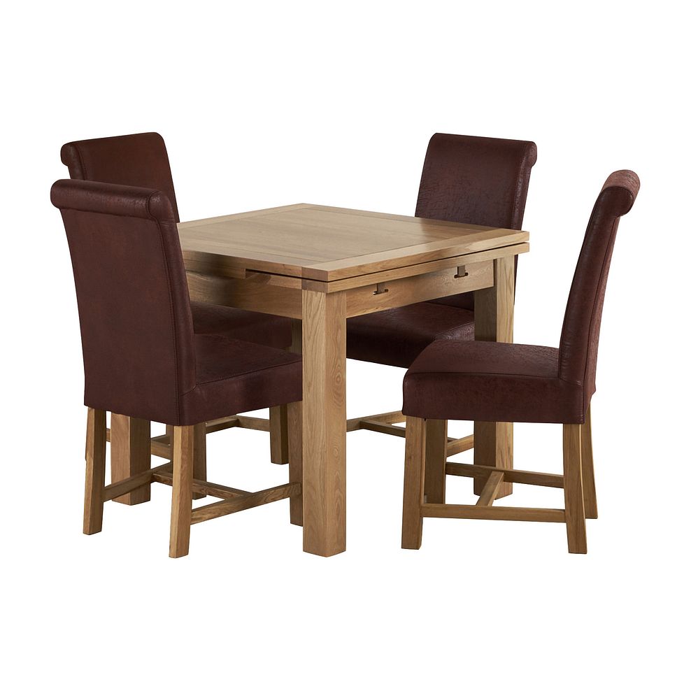 Dorset Natural Oak Extending Dining Table and 4 Braced Scroll Back Antiqued Brown Fabric Chairs 1